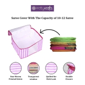 PrettyKrafts 3 layered Quilted saree Cover Bag/wardrobe organizer with transparent window (Pack of 12), Pink Stripes