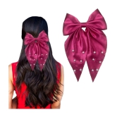 Lykaa Large Satin Hair Bow with Pearls Longtail Clips Hair Accessories for Women -1 Pcs (Multicolor) - Magenta