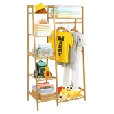 House of Quirk Bamboo Wood Garment Rack Clothing Rack with 5 Tiers Storage Shelf Corner Clothes Hanging Rack (Ladder Design)(80cm Width)