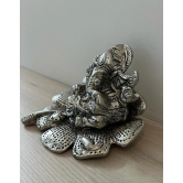 Aarna Creations Metal Ganesha | Silver Gudhal Ganesh | Antique Silver Hand-Carved Ganesh Sitting on Hibiscus