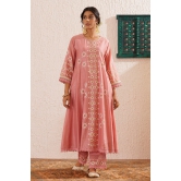 Block printed centre panel flared, side kali kurta set with lace detailing on pants and organza dupatta-5XL