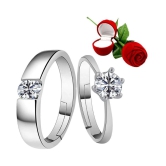 Silver Shine Silver Plated Adjustable Couple Ring with 1 Piece Red Rose Gift Box for Men and Women - None