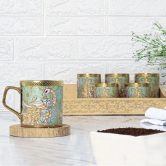 Femora Ceramic Peacock Heaven Green Tea Mugs, Ceramic Tea Cups, Coffee Mugs (180 ml, Golden) - 6 Pcs Set