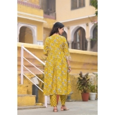 Block Printed Kurta and Pant Set with Dupatta in Yellow Color for Women-XL