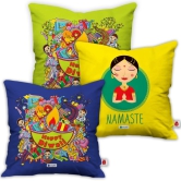 Indigifts Diwali Gift Items Traditional Diwali Motifs Cushion Cover 12x12 inch Set of 3 with Filler - Diwali Decoration Items| Diwali Gifts For Family And Friends| Deepawali Greetings