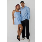 Cotton shirt and dress couple set-Blue / XL / M