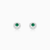 Silver Emerald Green Halo Stud Earrings