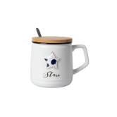 Star Ceramic Coffee Mug With Lid - 350 ml, Stirring Spoon