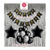 Kiran Enterprises Happy Birthday Banner ( Black ) + 2 Foil Star ( Black ) + 2 fringe Curtain ( Silver ) + 30 Metallic Balloon ( Black, Silver )