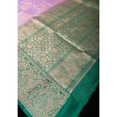 Thistle Banarasi Katan Silk Saree with Damask buttas and Rama Contrast | SILK MARK CERTIFIED