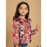 MINI & MING Girls Floral Printed Round Neck Puff Sleeves Pleated Blouson Top