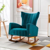 Wooden Velvet Accent Rocking Chair (Teal)-Teal