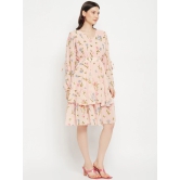 Floral Printed Puff Sleeves Fringed Layered Fit & Flare Dress