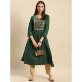 Rangita Women Viscose Blend Green Yoke Embroidered Calf Length Partywear Flared Kurti - None