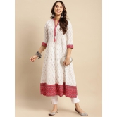 Rangita Women 100% Cotton Off White Contrast Placket Ikat Printed Calf Length Anarkali Kurti - None