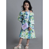 MINI & MING Girls Floral Printed Off-Shoulder Bell Sleeve Crepe A-Line Midi Dress