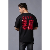 Chinese Devil in Red Foil Print Black Oversized T-Shirt for Men M