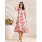 Janasya Cotton Printed Midi Womens Fit & Flare Dress - Pink ( Pack of 1 ) - None