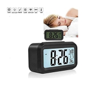 Plastic Digital Smart Backlight Battery Operated Alarm Table Clock with Automatic Sensor, Date and Temperature (Black)