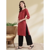 Rangita Women Cotton Red Embroidered Knee Length Straight Kurti - None