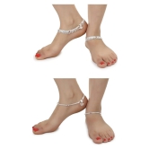 AanyaCentric Combo of 2 Pair Silver Plated White Metal Indian Traditional Ethnic Payal Anklets - Silver