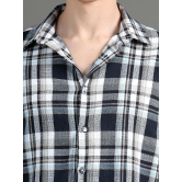 Premium Men Oversized Shirt, Yarn Dyed Stripes, Textured Fabric, Half Sleeve, Cotton, Blue-L / Blue Checks