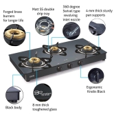 Glen Stainless Steel LPG Glass Gas Stove with 3 High Flame Forged Brass Burner and Double Drip Trays (Extra Wide, Black, 1038 GT FB DD BL)