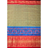 Ikkat Patola Kanjivaram Fusion Silk Saree in Olive Green with Blue Ikkat Panel and Red Zari borders |SILK MARK CERTIFIED