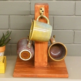 BARISH - Mug Holder (4 Mugs) | Table Top Wooden Cup Holder with 4 Hooks | Handcrafted with Rubberwood | Stand for Coffee Mugs