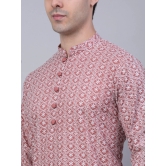 Men's Coral Red & White Embroidered Straight Kurtas-L / Pink