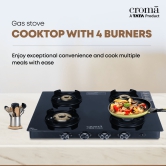 Croma Toughened Glass Top 4 Burner Automatic Gas Stove (Flame proof pan support, Black)