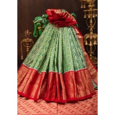 Ikkat Kanjivaram Fusion Silk Saree in Green & Red with Wide Zari Border | SILK MARK CERTIFIED