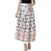 Snow-White Long Skirt with Printed Peacock Feathers