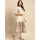 Rangita Women Chanderi Beige Yoke Embroidered Border Printed Calf Length Anarkali Kurti - None