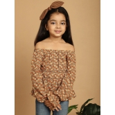 MINI & MING Girls Floral Printed Off-Shoulder Puff Sleeves Gathered Bardot Top