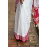 Pure Silk Chiffon Saree in White with Silver Tone Zari Buttas & Red Border | SILK MARK CERTIFIED