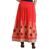 Lollipop-Red Embellished Long Skirt with Golden Print and Embroidered Patch Border