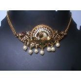 Traditional Indian Gold Plated Kundan Meenakari Peacock Choker Necklace Set with Pearls