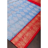 Blue and White Base Ikkat Optical Illusion Design Patola with Kanjivaram Pure Silk Fusion Saree and contrast Red Border | SILK MARK CERTIFIED