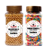 foodfrillz Golden Balls Sprinkles (125 g) & Rainbow Vermicelli Sprinkles (100 g) for Cake Decoration, Pack of 2