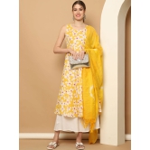 Printed yellow flowers flared kurta pallazos dupatta set-XL / Yellow