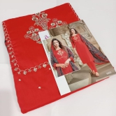 Red Cotton Straight Cut Churidar Suit ( Unstitched )