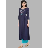 Women Navy Blue & Pink Floral Yoke Design Thread Work Anarkali Kurta