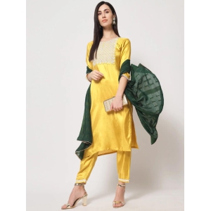 Lemon Colour South Silk Embroidery Work Casual Wear Kurta Pant Dupatta Set For Women's-3XL-46 / Lemon