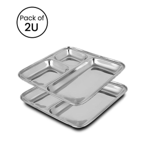 HOMETALES Stainless Steel 3 in 1 Square Pav Bhaaji Partition plate, Pack of 2 - Silver