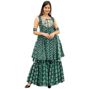 Itemzon Viscose Printed Ethnic Top With Palazzo Womens Stitched Salwar Suit - Dark Green ( Pack of 1 ) - None