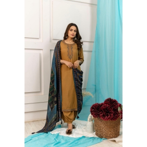 Women's Camel Brown Royon Kurta Afghani Salwarand Dupatta Set-M / Camel Brown