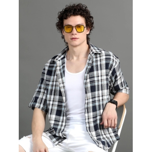 Premium Men Oversized Shirt, Yarn Dyed Stripes, Textured Fabric, Half Sleeve, Cotton, Blue-XXL / Blue Checks