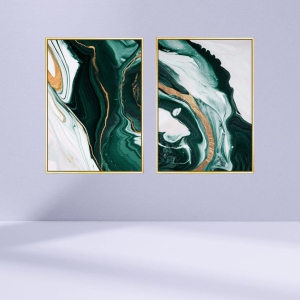 euroxo-glossy-abstract-green-gold-foil-lined-canvas-painting-with-metal-frame-set-of-2