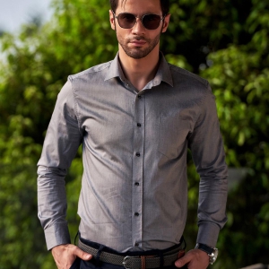 Men Charcoal Gray Self Design Formal Shirt.-S